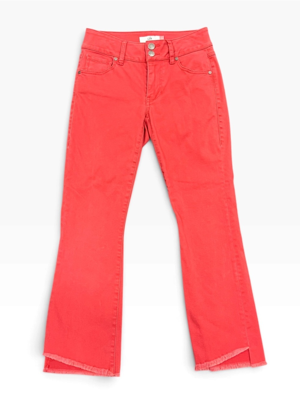 CAbi High Low Crop Jeans Size 0 Coral Red Raw Hem Stretch